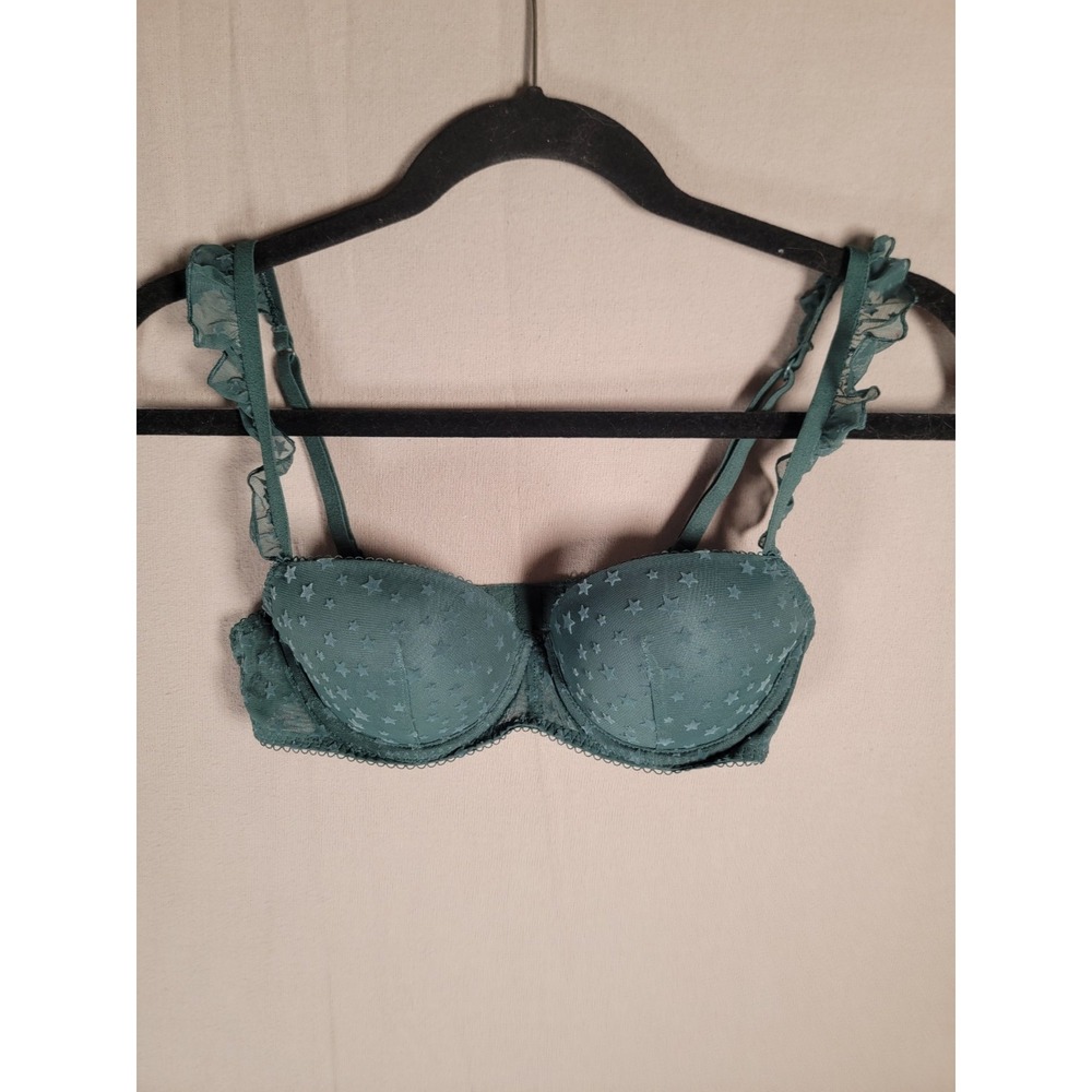VS PINK Bra 34B Green Star Mesh Balconette Underwire Ruffle Coquette Whimsigoth